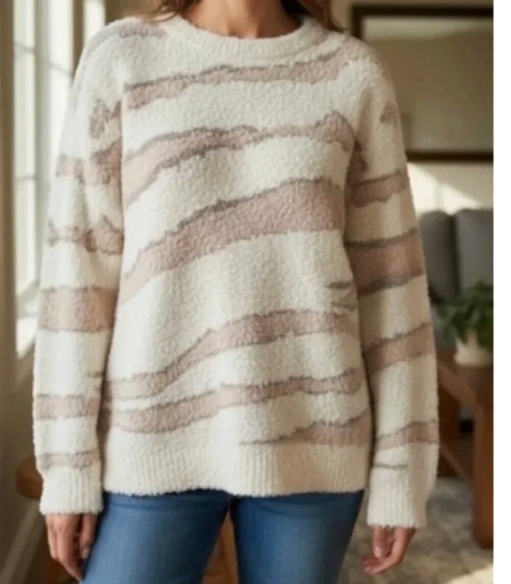 NEW BAREFOOT DREAMS CREAM ZEBRA COZYCHIC SEASIDE PULLOVER SWEATER 1X White Tan